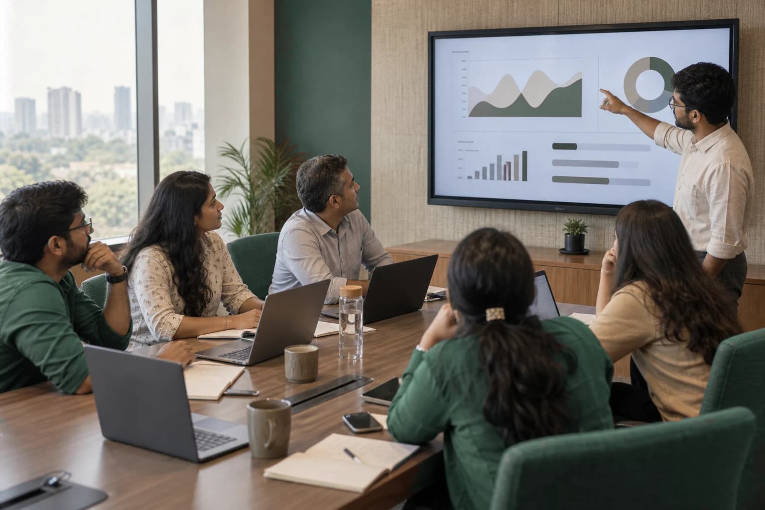 A small group working through an AI training session together at a laptop.