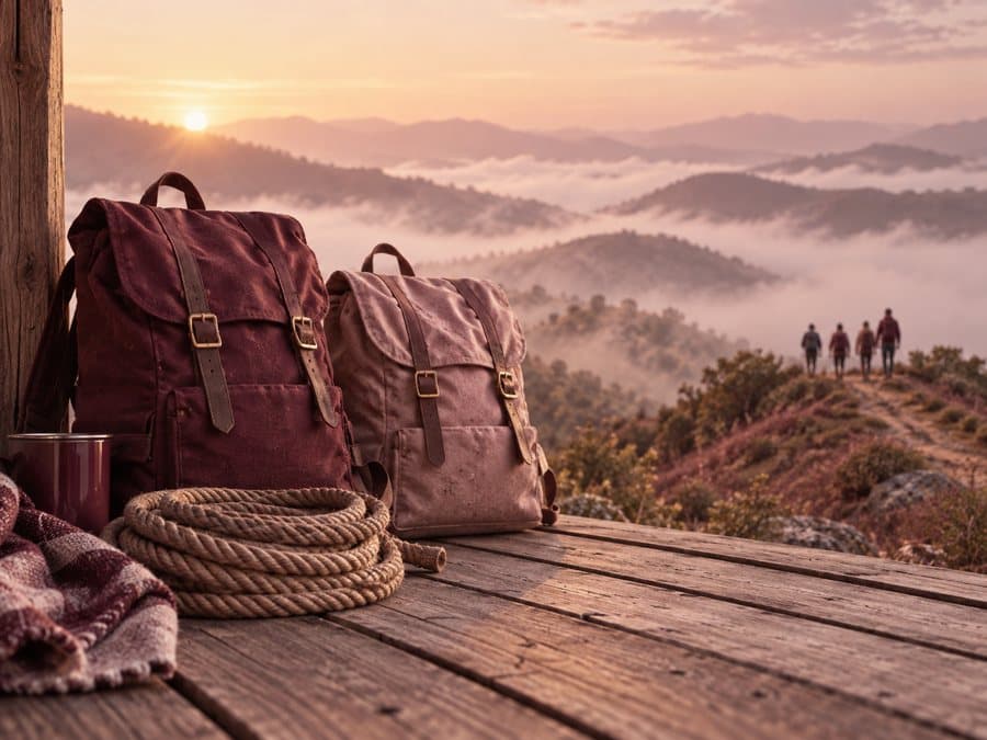 Two rucksacks and a coiled rope on a wooden deck above a misty valley at sunrise.